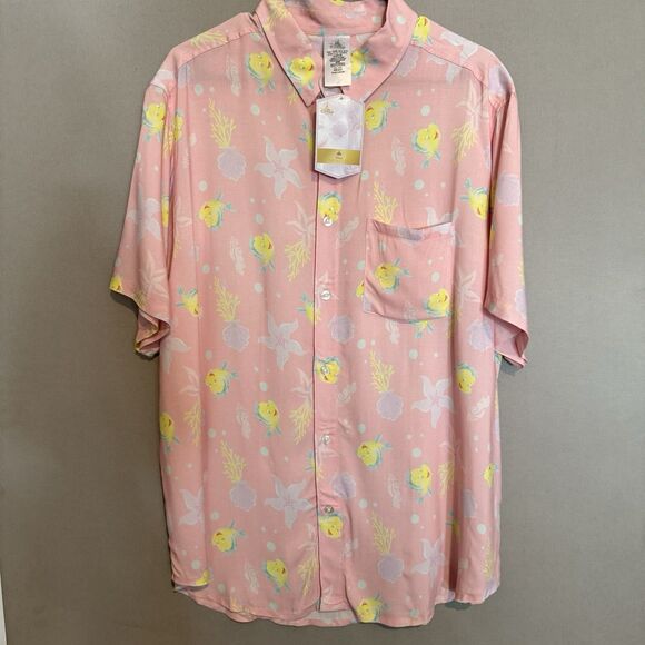 Disney The Little Mermaid Shirt Extra Large Button Down Pink Rare Flounder Camp - Picture 2 of 12